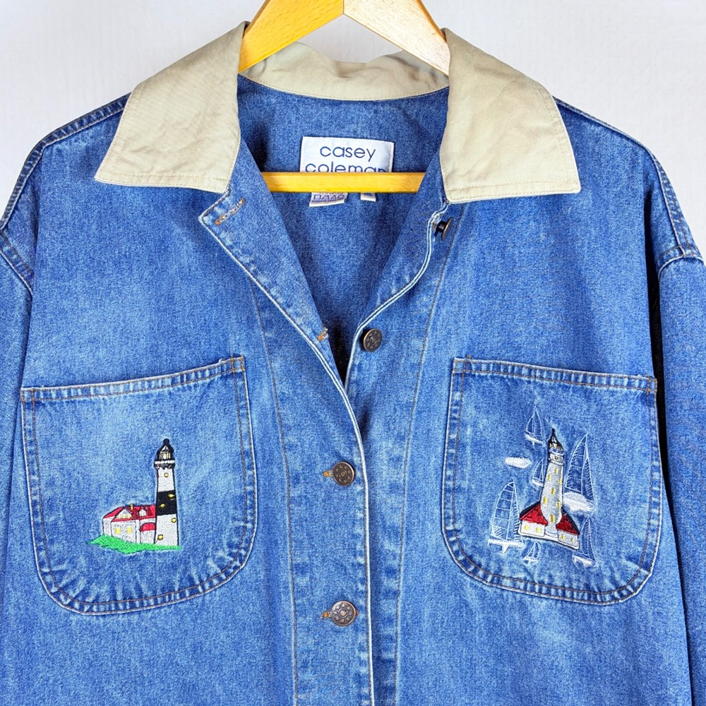Vtg Casey Coleman Lighthouse Embroidered Denim Chore Field Barn Jacket M/L - Picture 8 of 12